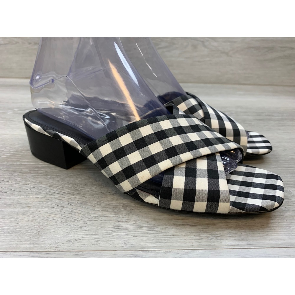 Lafayette 148 New York Byre Gingham Crisscross Block Heel Sandals Black White 9